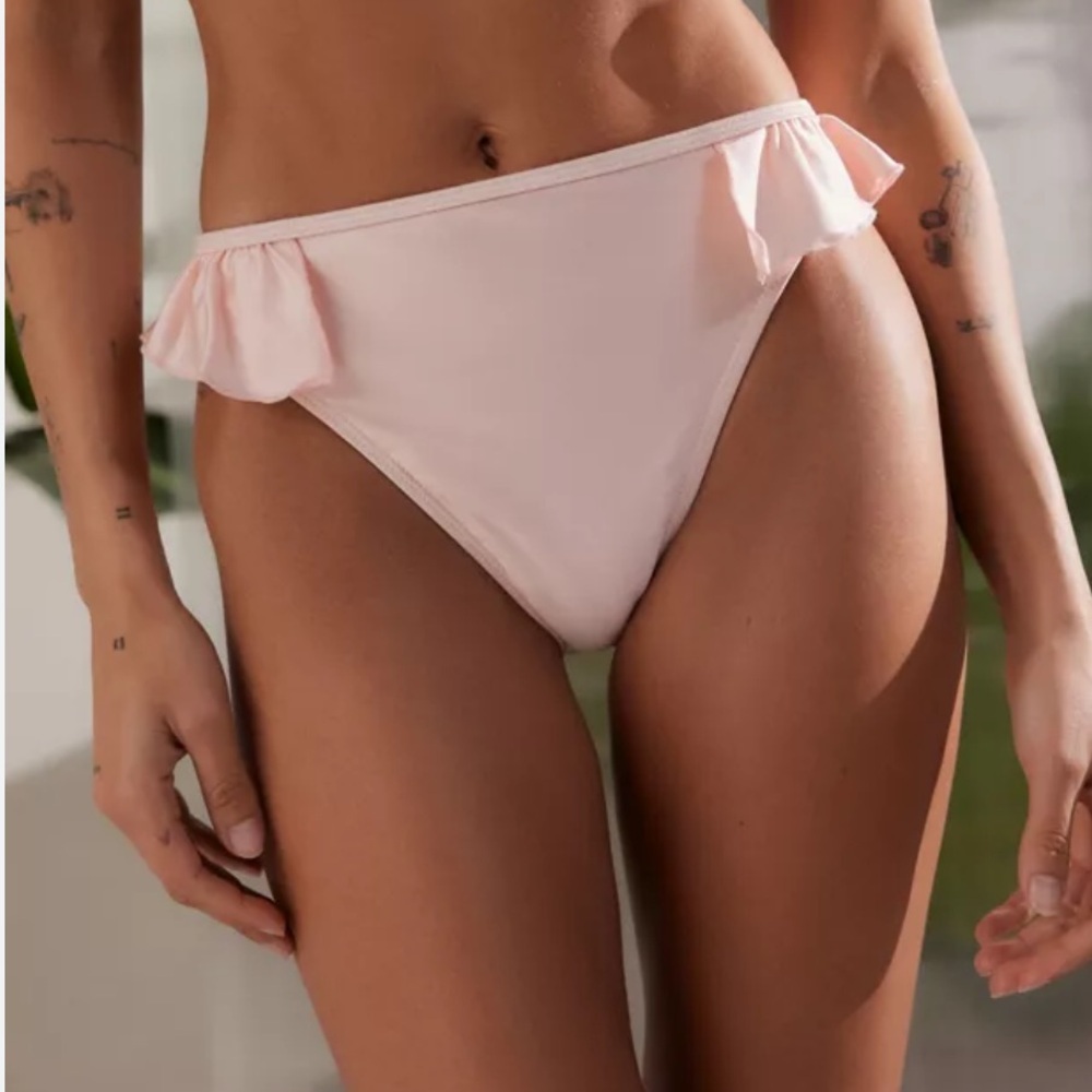 Ruffle Trim High-Leg Bikini Bottom - Light Pink
